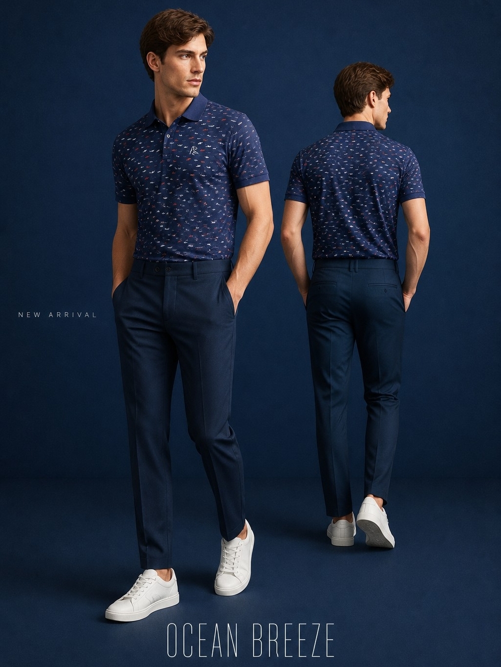 Rhoback Navy Shark Patterned Polo